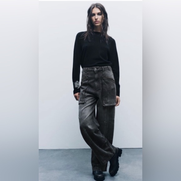 NWT Zara MID-RISE LOOSE FIT ZW COLLECTION THE RELAXED CARGO JEANS in grey size 0 - Picture 2 of 16